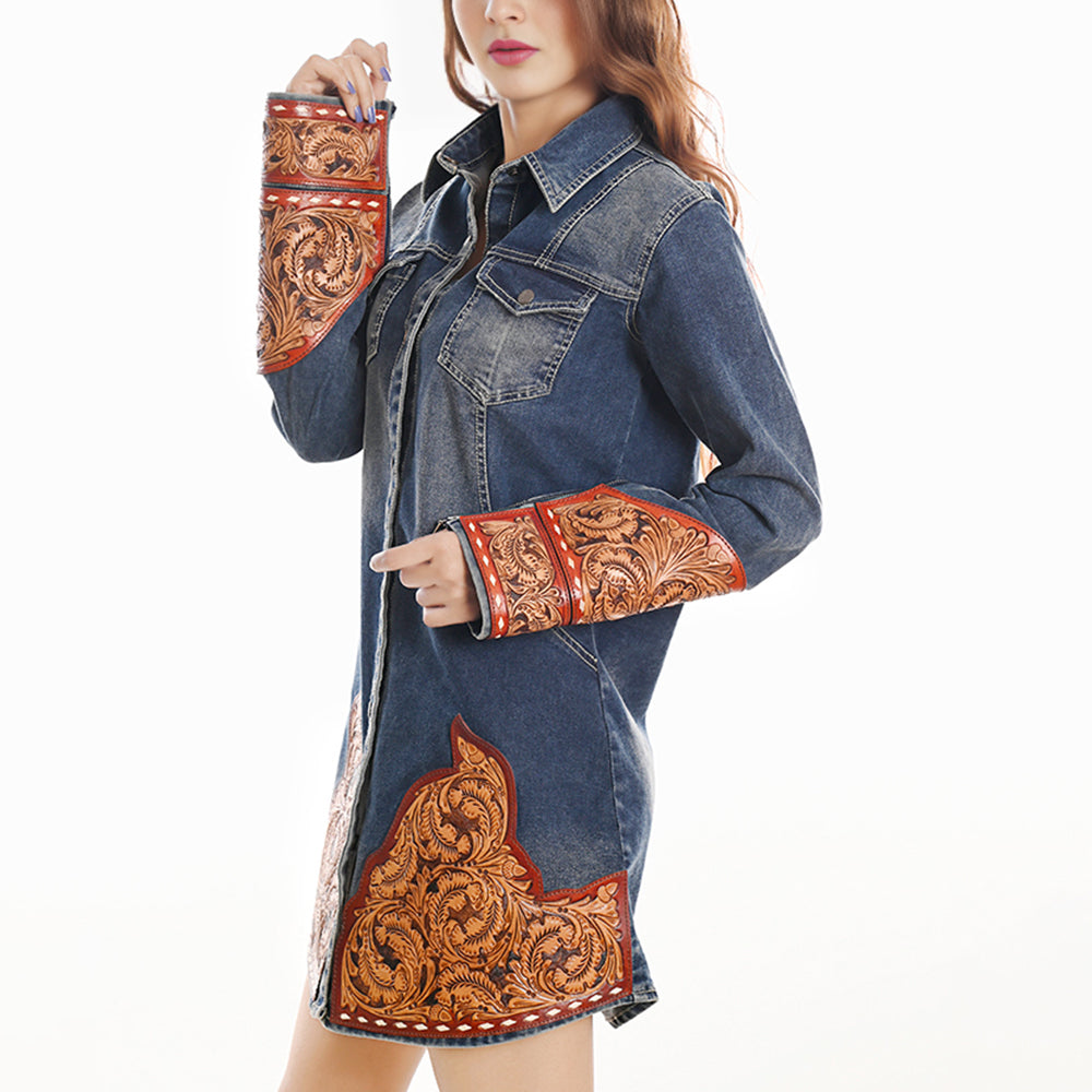 ADDR002 Women's Western Denim Shirt Dress with Hand-Tooled Leather Applique