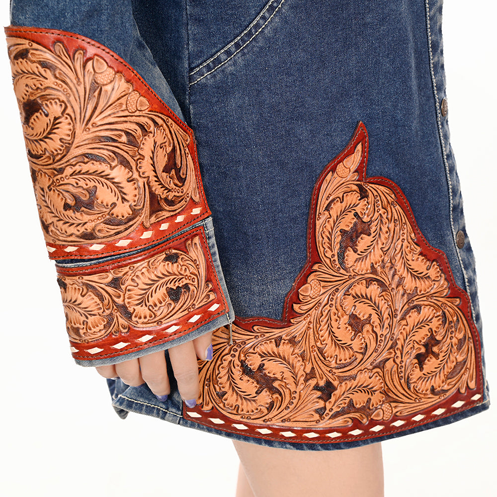 ADDR002 Women's Western Denim Shirt Dress with Hand-Tooled Leather Applique