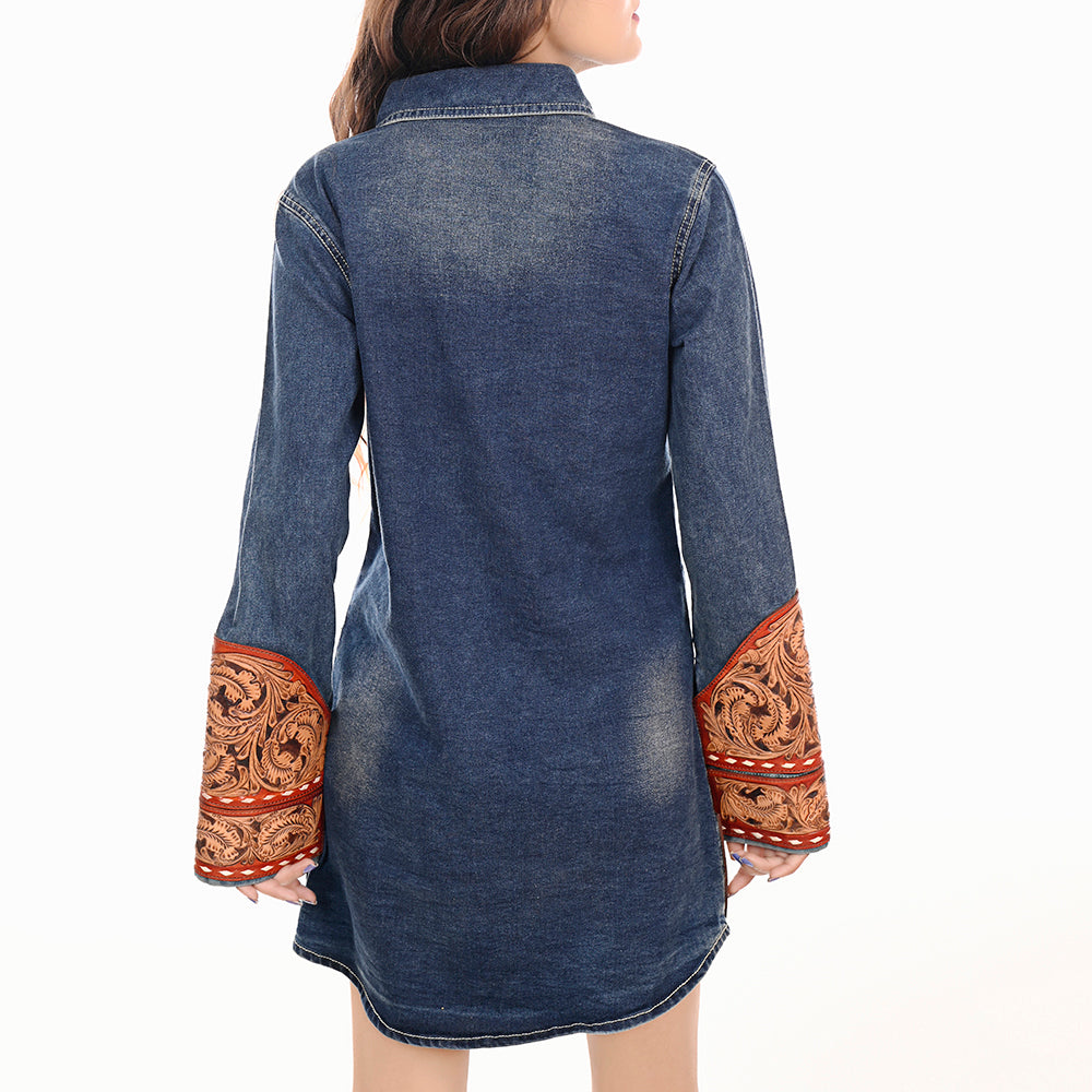 ADDR002 Women's Western Denim Shirt Dress with Hand-Tooled Leather Applique