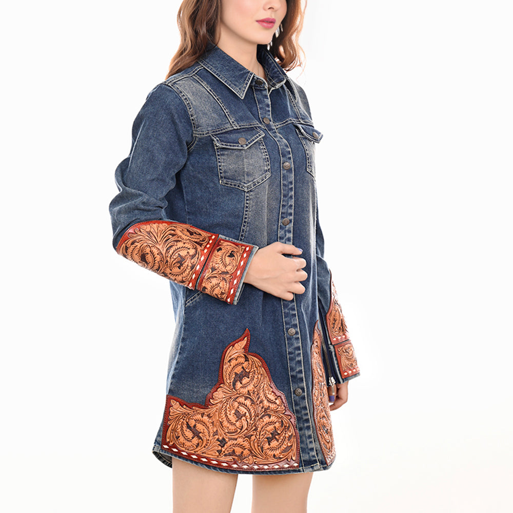 ADDR002 Women's Western Denim Shirt Dress with Hand-Tooled Leather Applique