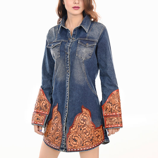 ADDR002 Women's Western Denim Shirt Dress with Hand-Tooled Leather Applique
