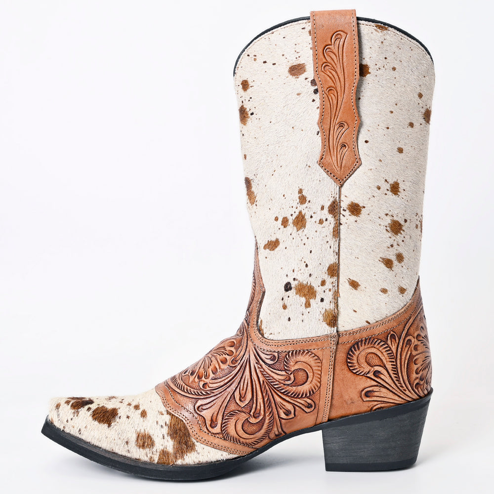 ADFT166A Hand Tooled Hair On Genuine Western Leather Long Boot