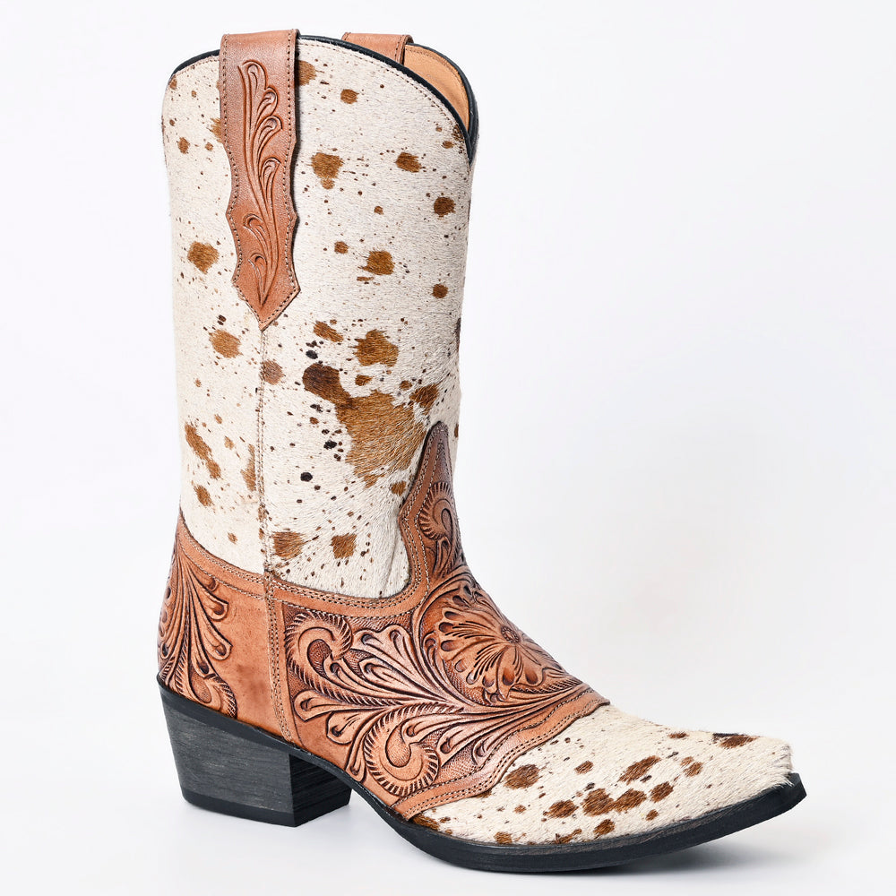ADFT166A Hand Tooled Hair On Genuine Western Leather Long Boot