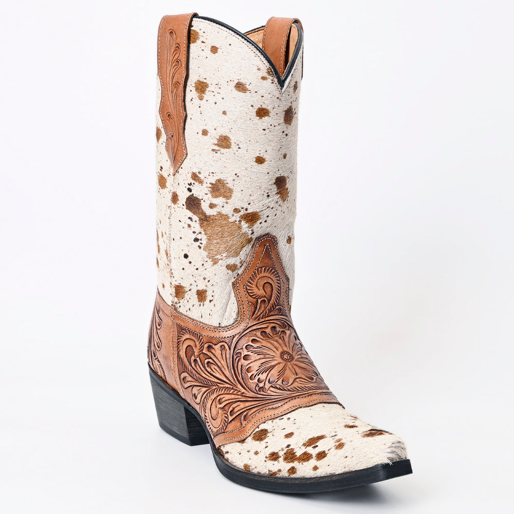 ADFT166A Hand Tooled Hair On Genuine Western Leather Long Boot