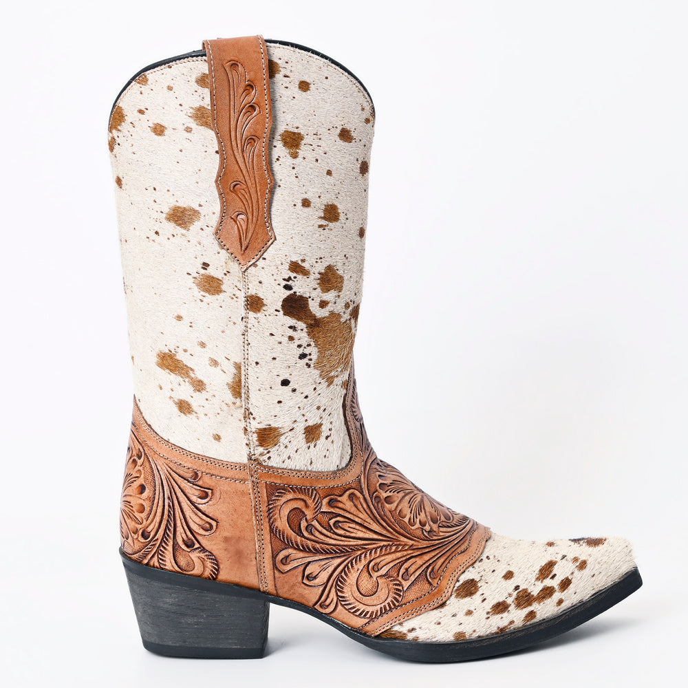 ADFT166A Hand Tooled Hair On Genuine Western Leather Long Boot