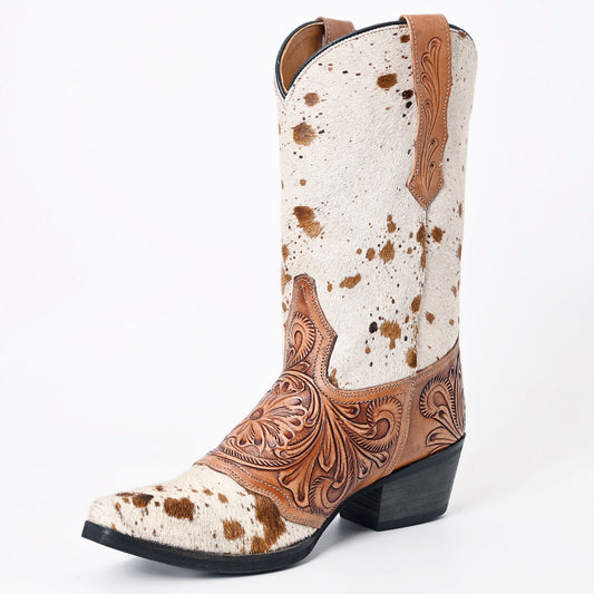 ADFT166A Hand Tooled Hair On Genuine Western Leather Long Boot
