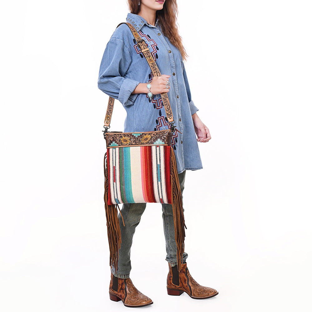 ADBG298 Western Crossbody Bag Handwoven Saddle Blanket & Genuine Leather Fringe