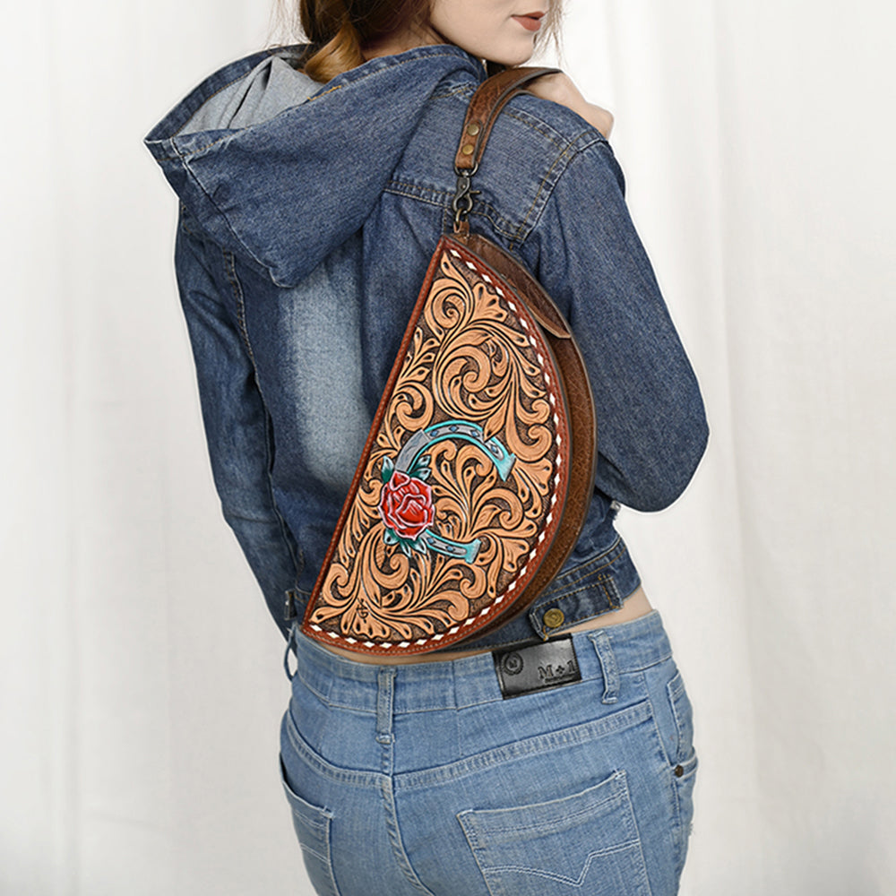 ADBG1072 American Darling Hand-Tooled Leather Taco Handbag - Western Floral Carved Genuine Leather Clutch