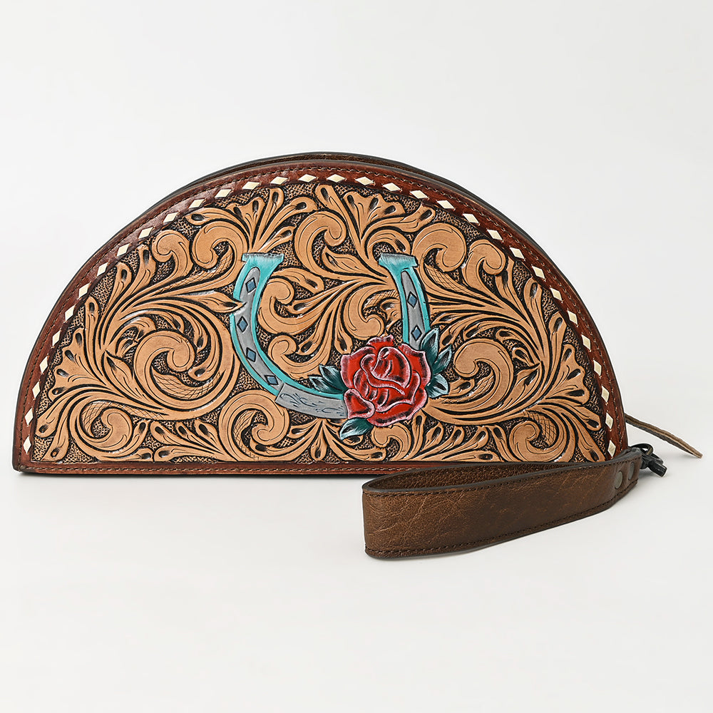 ADBG1072 American Darling Hand-Tooled Leather Taco Handbag - Western Floral Carved Genuine Leather Clutch