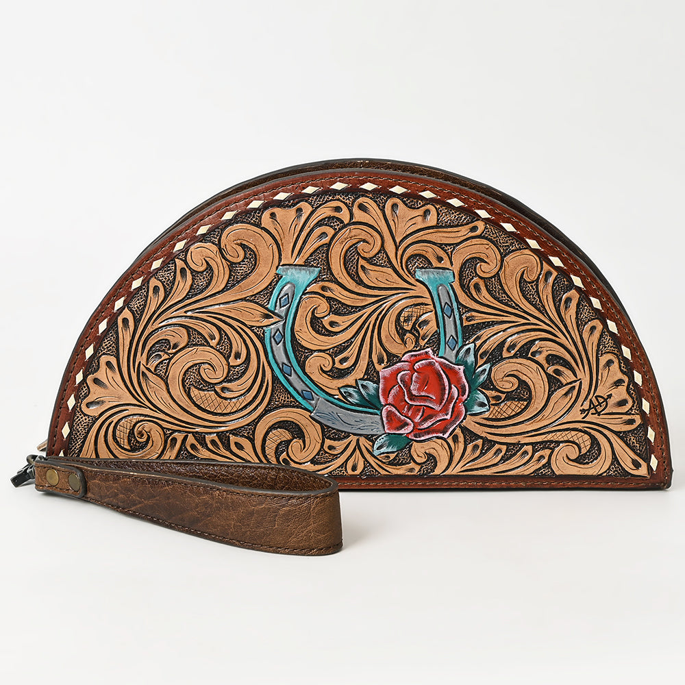 ADBG1072 American Darling Hand-Tooled Leather Taco Handbag - Western Floral Carved Genuine Leather Clutch