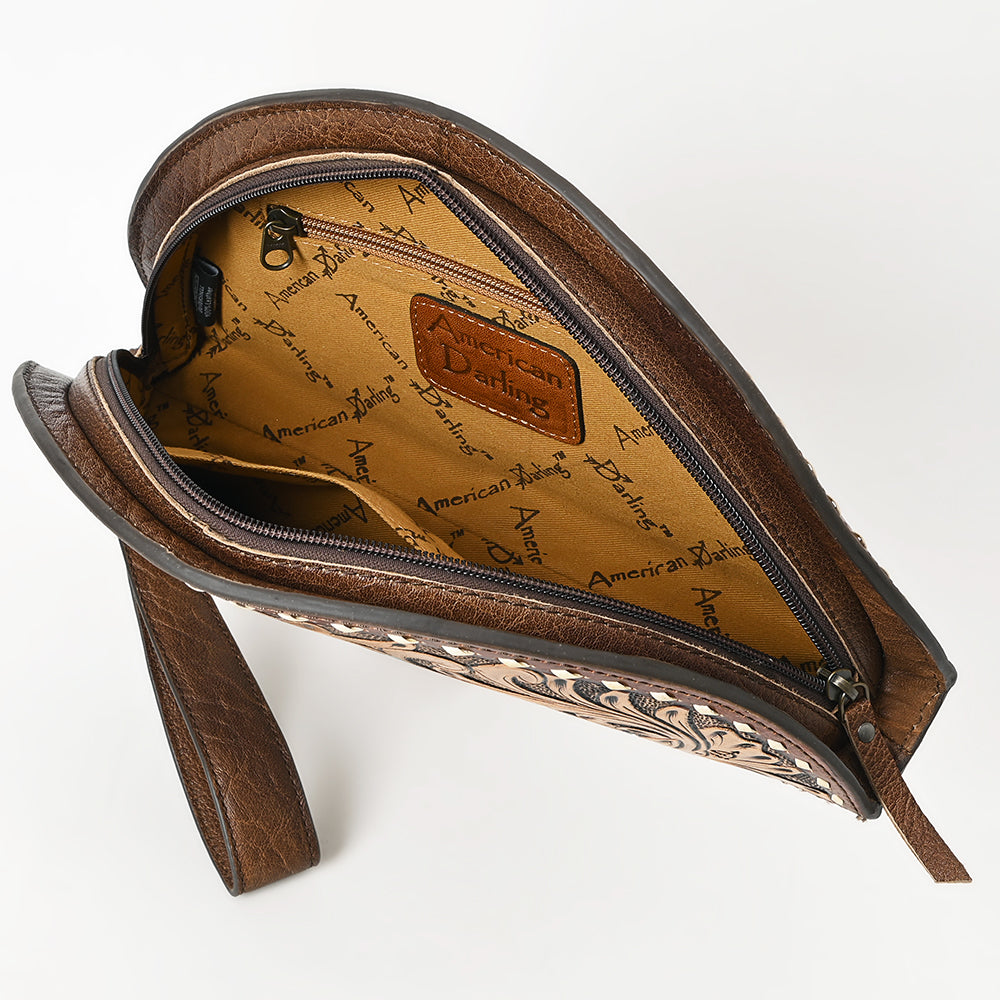 ADBG1072 American Darling Hand-Tooled Leather Taco Handbag - Western Floral Carved Genuine Leather Clutch