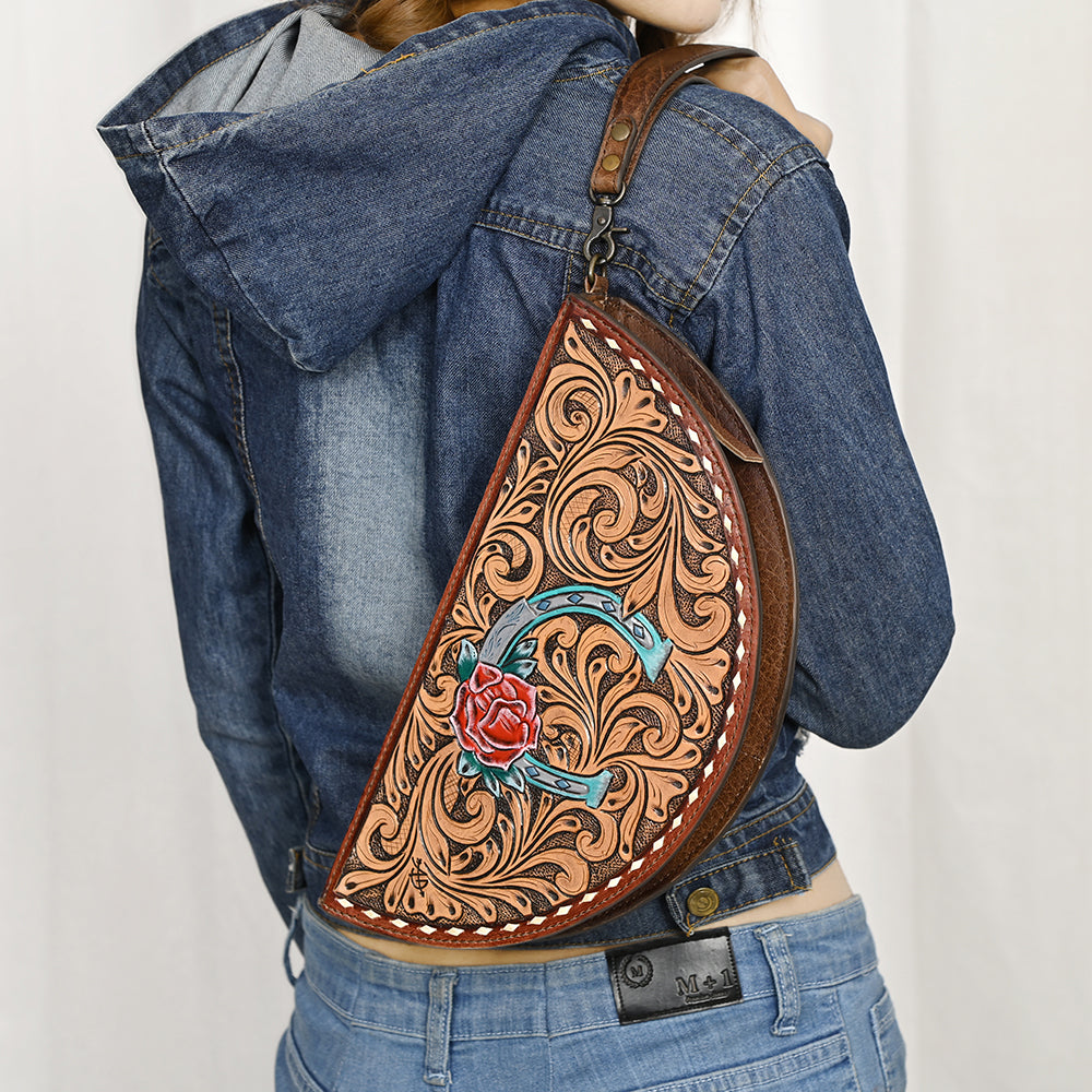 ADBG1072 American Darling Hand-Tooled Leather Taco Handbag - Western Floral Carved Genuine Leather Clutch