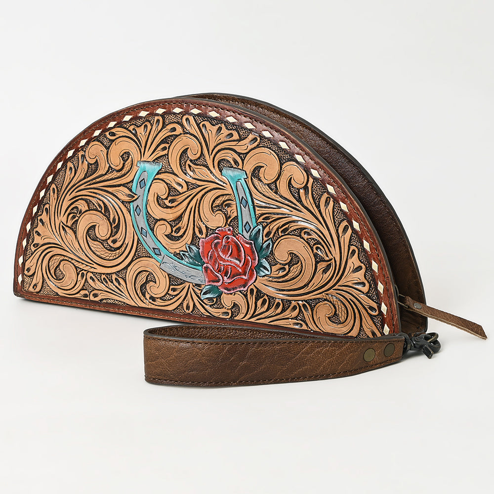 ADBG1072 American Darling Hand-Tooled Leather Taco Handbag - Western Floral Carved Genuine Leather Clutch