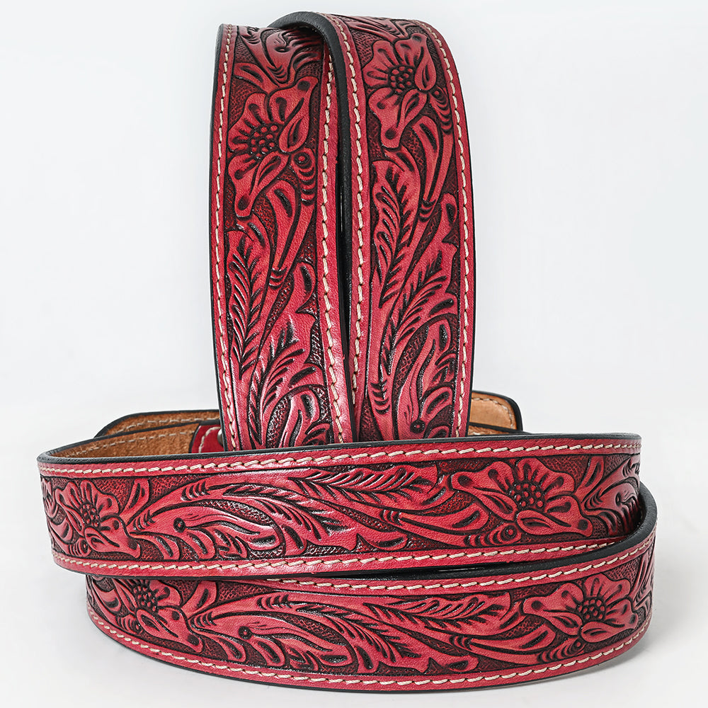 ADBLF233 Red Tooled Leather Belt with Matching Floral Buckle