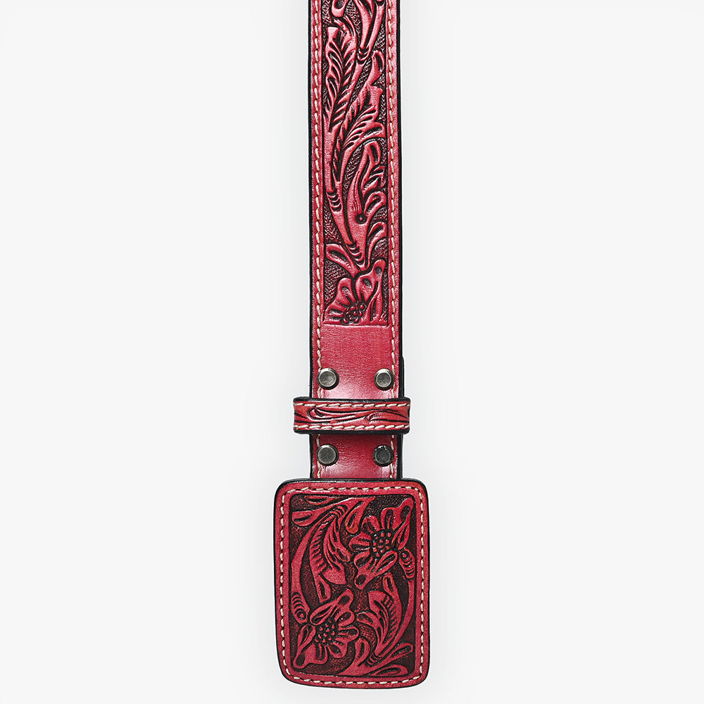 ADBLF233 Red Tooled Leather Belt with Matching Floral Buckle