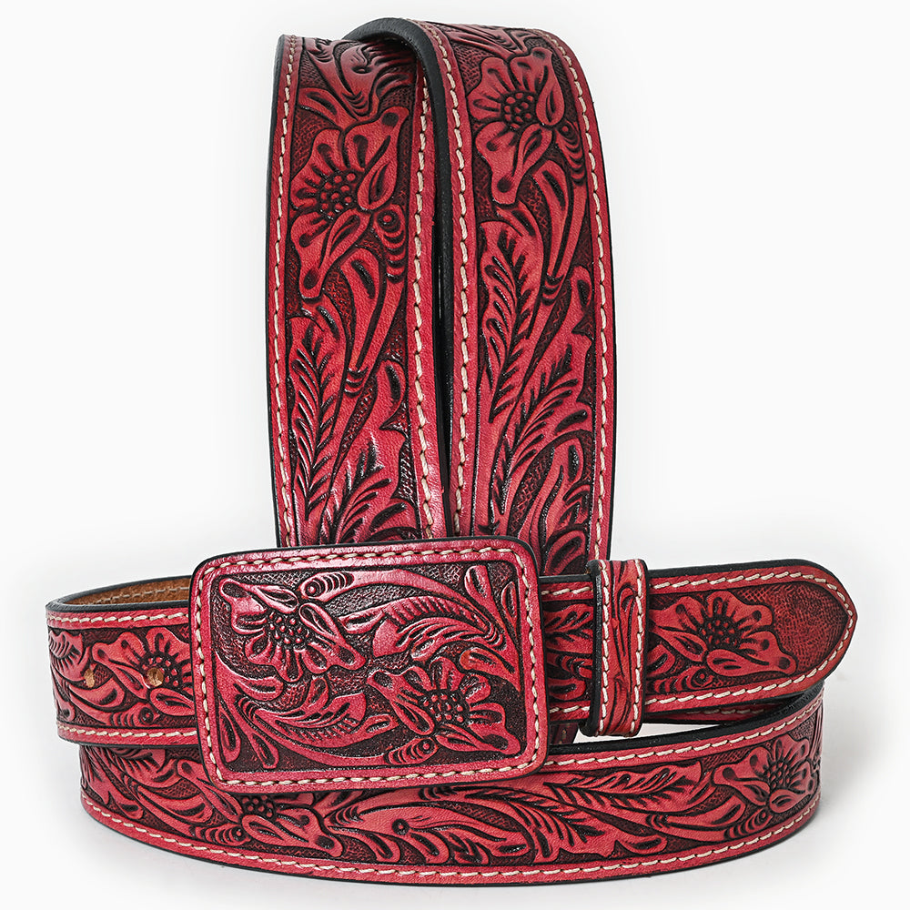 ADBLF233 Red Tooled Leather Belt with Matching Floral Buckle