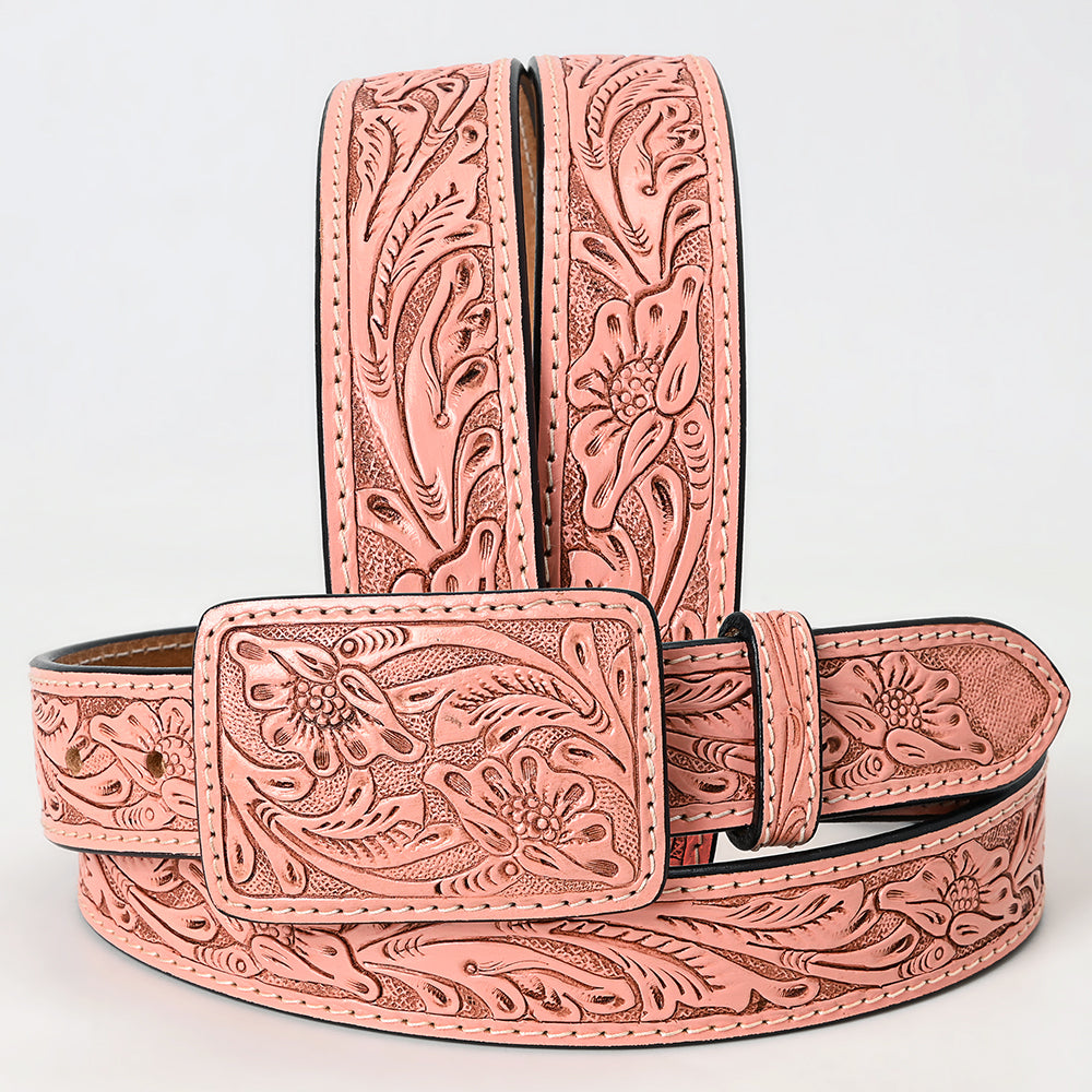 LC-ADBLF234 Light Pink Tooled Leather Belt with Matching Floral Buckle