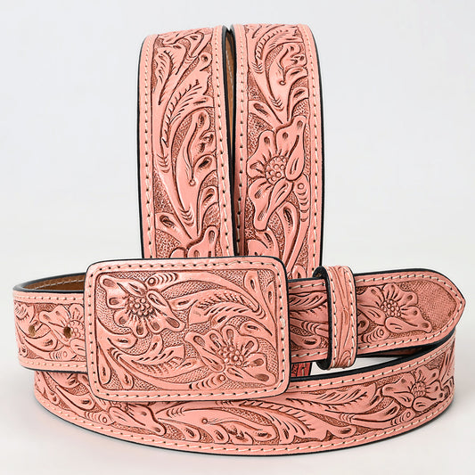 LC-ADBLF234 Light Pink Tooled Leather Belt with Matching Floral Buckle