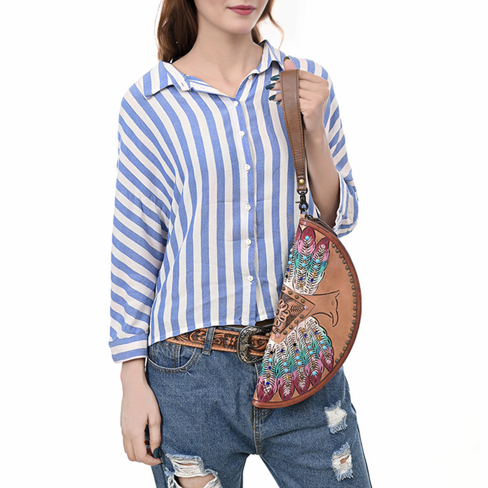 ADBG1559 American Darling Western Leather Taco Bag with Embossed Rivets and Genuine Vegetable-Tanned Leather