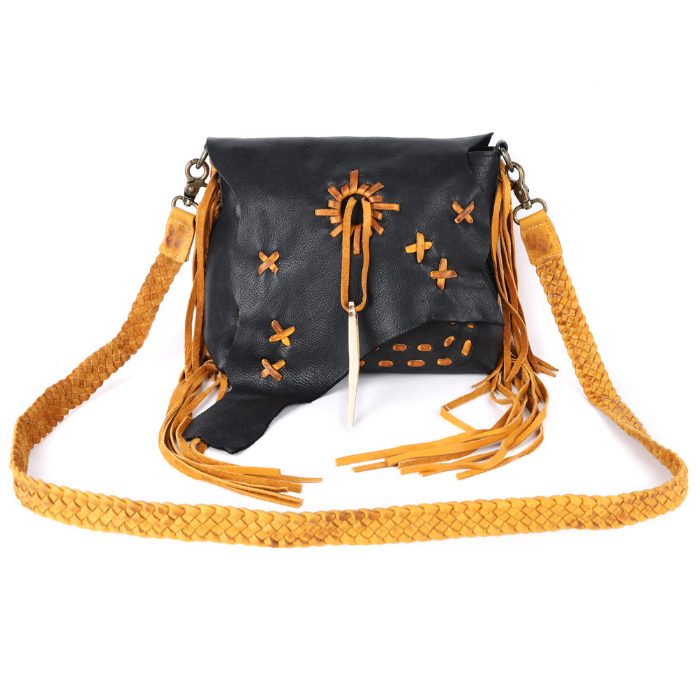 ADBGM283 Tribal Leather Crossbody - Fringe, Bone Accent & Braided Strap