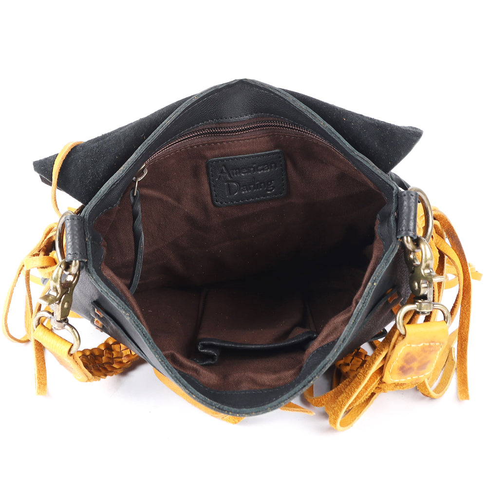 ADBGM283 Tribal Leather Crossbody - Fringe, Bone Accent & Braided Strap