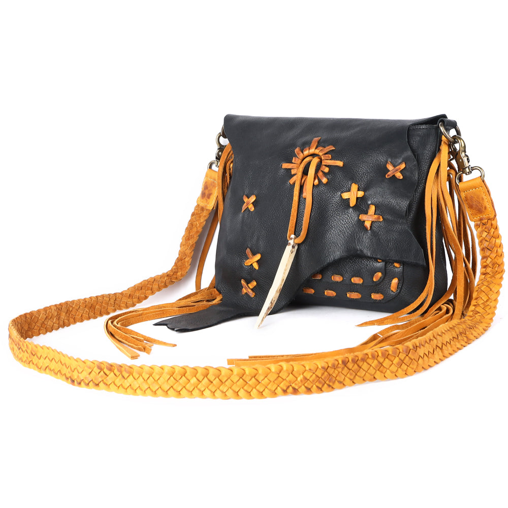 ADBGM283 Tribal Leather Crossbody - Fringe, Bone Accent & Braided Strap