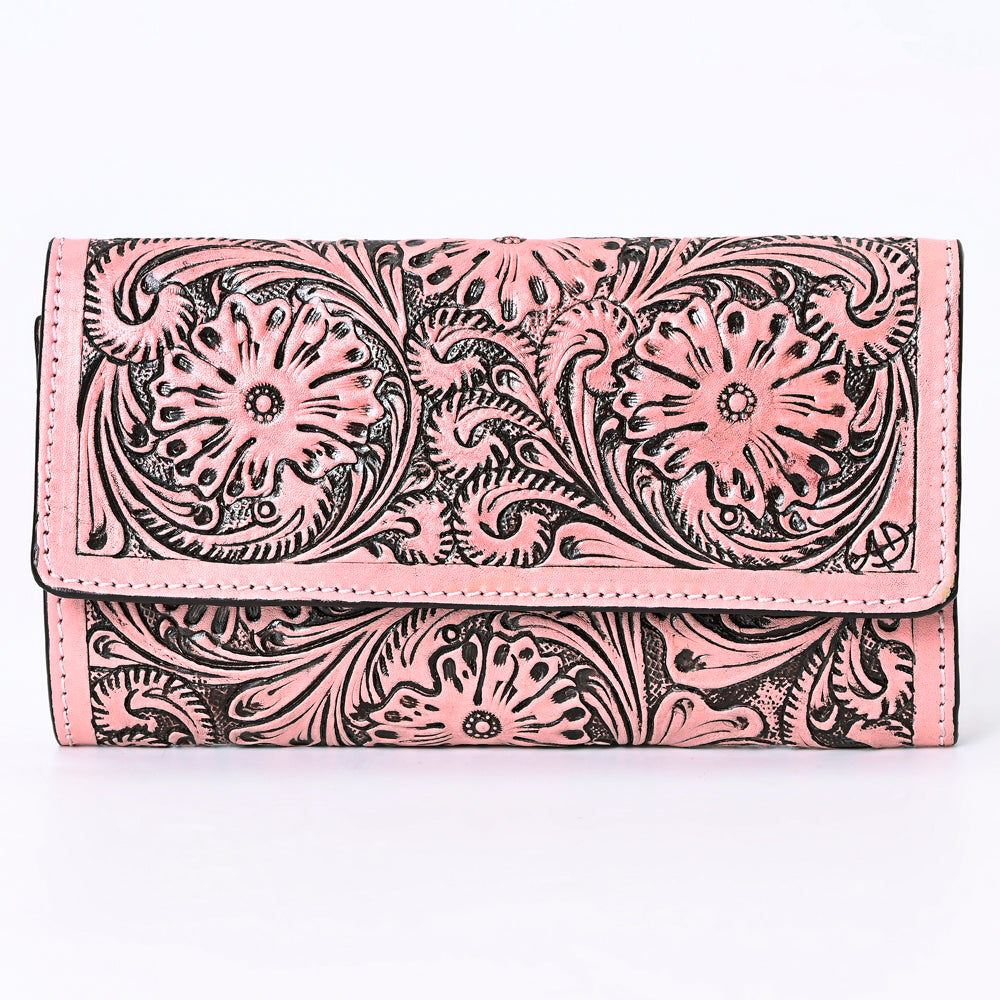 ADBGZ736 Hand Tooled Leather Tri-Fold Wallet - Natural Western Floral Cowgirl Style
