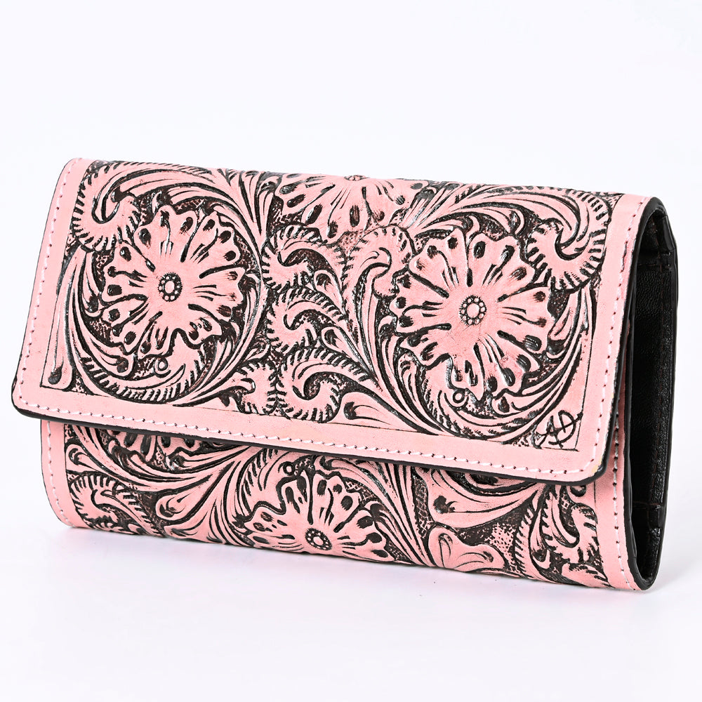ADBGZ736 Hand Tooled Leather Tri-Fold Wallet - Natural Western Floral Cowgirl Style