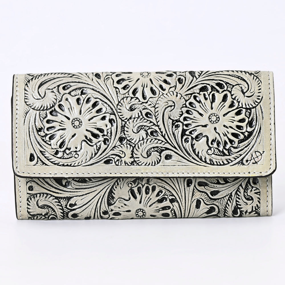 ADBGZ736 Hand Tooled Leather Tri-Fold Wallet - Natural Western Floral Cowgirl Style