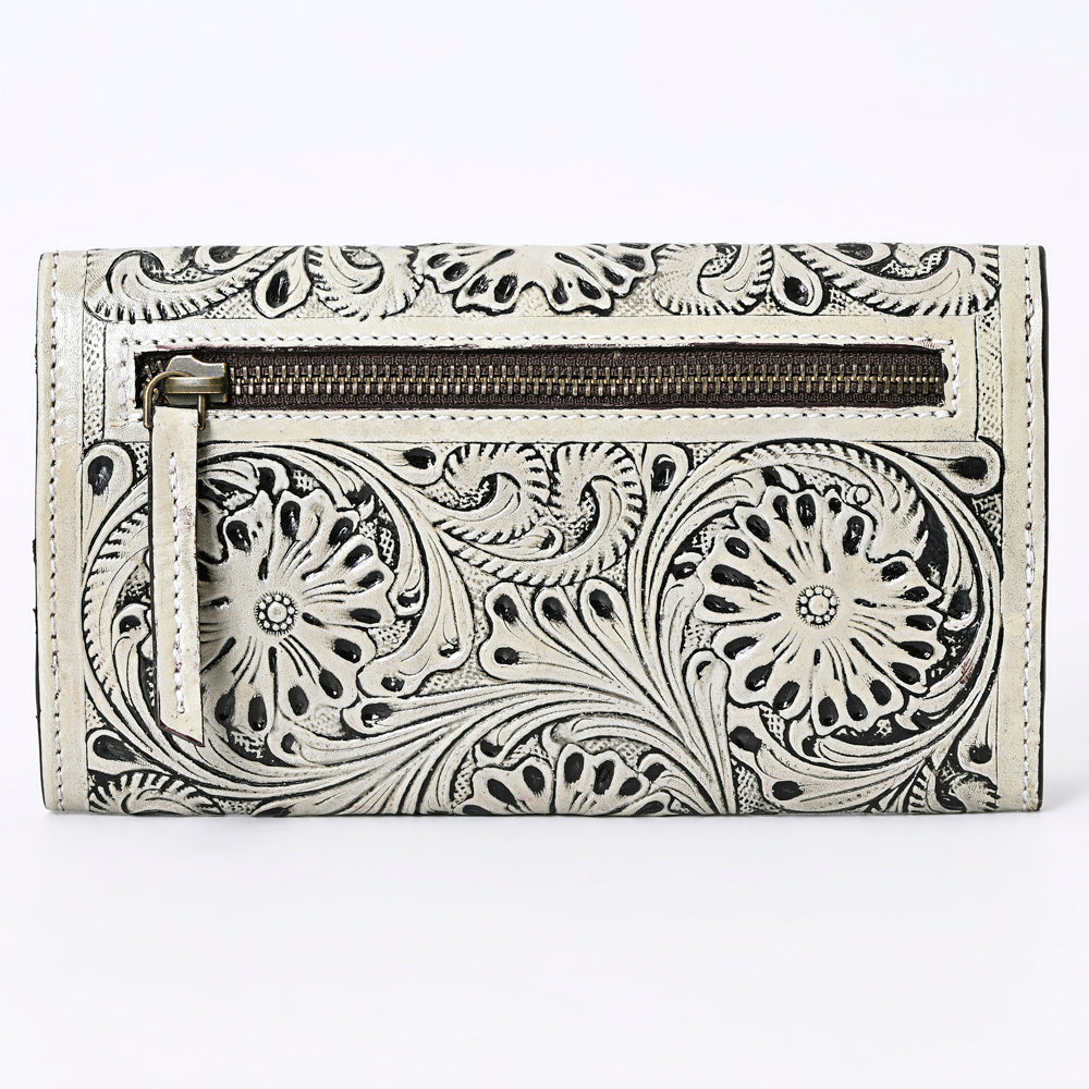 ADBGZ736 Hand Tooled Leather Tri-Fold Wallet - Natural Western Floral Cowgirl Style