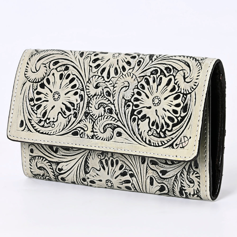 ADBGZ736 Hand Tooled Leather Tri-Fold Wallet - Natural Western Floral Cowgirl Style