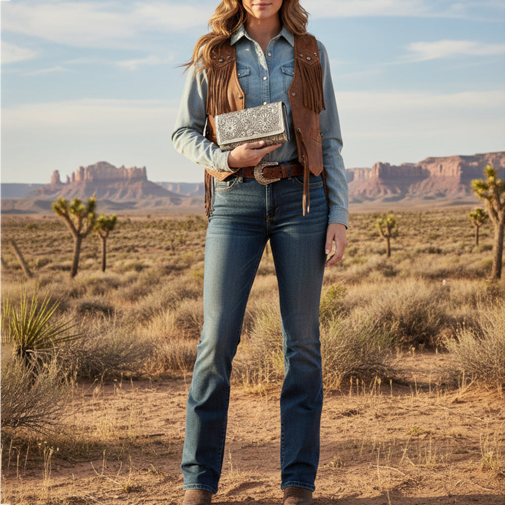ADBGZ736 Hand Tooled Leather Tri-Fold Wallet - Natural Western Floral Cowgirl Style