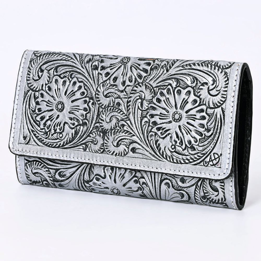 ADBGZ736 Hand Tooled Leather Tri-Fold Wallet - Natural Western Floral Cowgirl Style