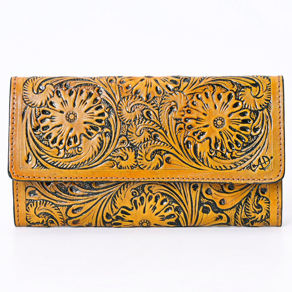 ADBGZ736 Hand Tooled Leather Tri-Fold Wallet - Natural Western Floral Cowgirl Style