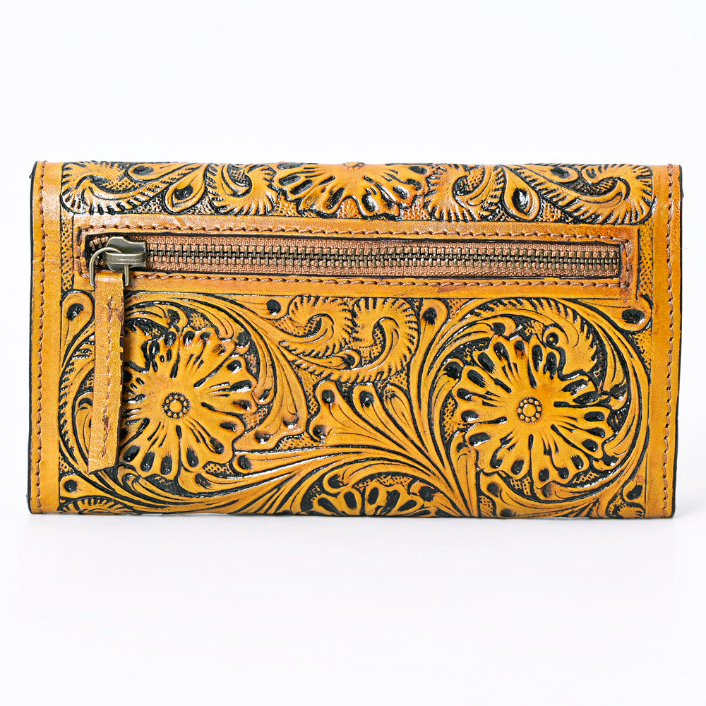 ADBGZ736 Hand Tooled Leather Tri-Fold Wallet - Natural Western Floral Cowgirl Style