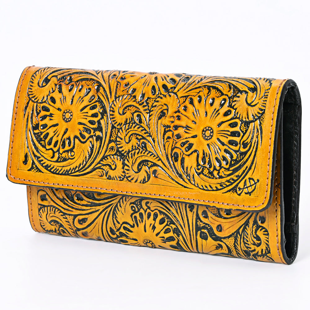ADBGZ736 Hand Tooled Leather Tri-Fold Wallet - Natural Western Floral Cowgirl Style