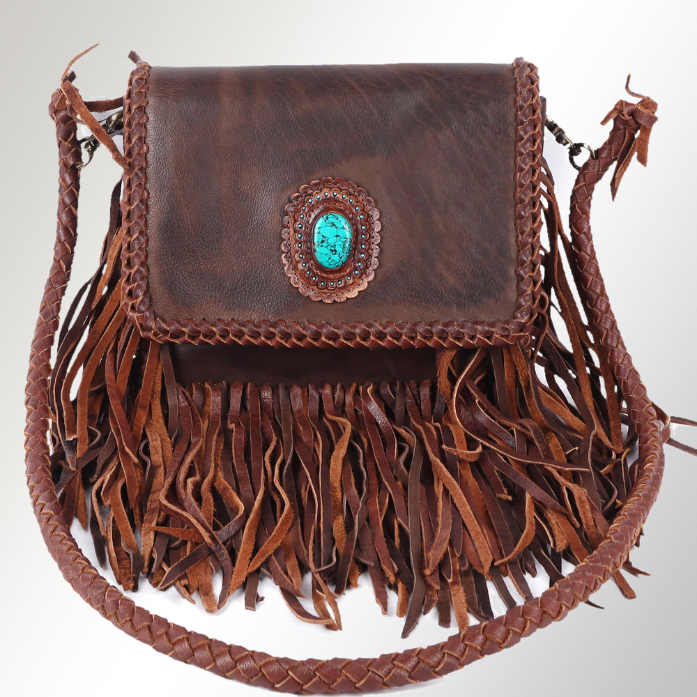 ADBGM261 Handcrafted Leather Crossbody Bag with Turquoise Concho & Braided Trim - Western Shoulder Purse