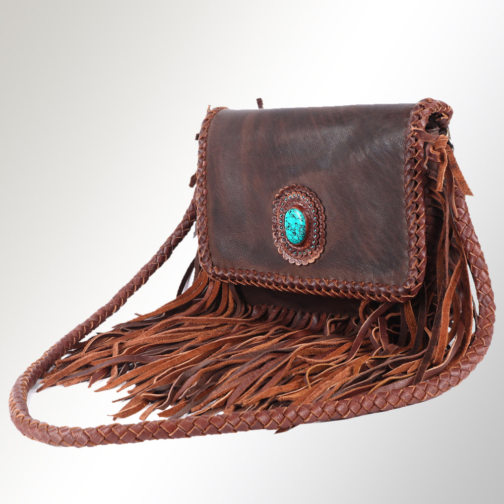 ADBGM261 Handcrafted Leather Crossbody Bag with Turquoise Concho & Braided Trim - Western Shoulder Purse