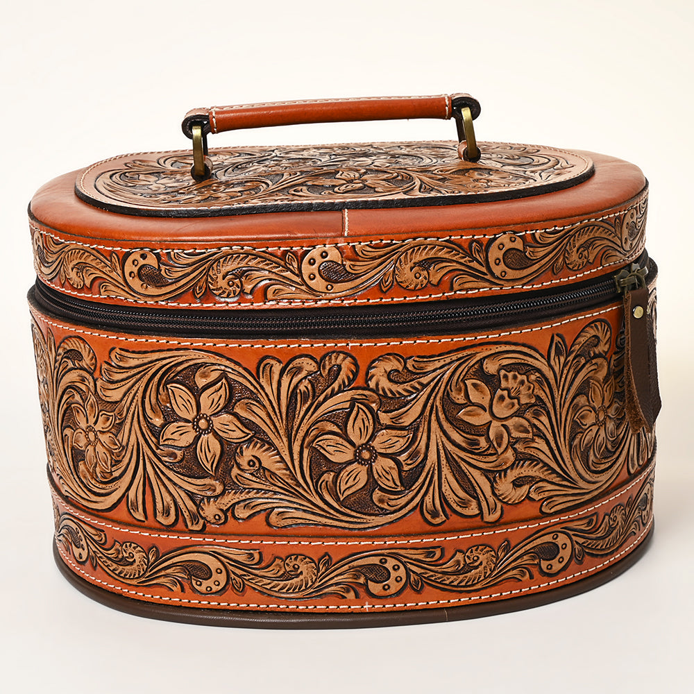 ADBGA412 Western Hand Tooled Leather Jewelry Case Oval Floral Organizer (Tan)