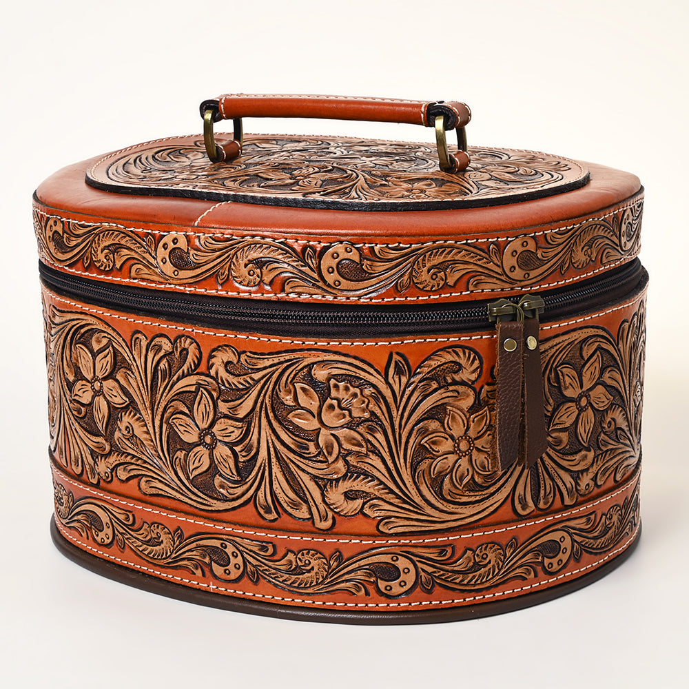 ADBGA412 Western Hand Tooled Leather Jewelry Case Oval Floral Organizer (Tan)