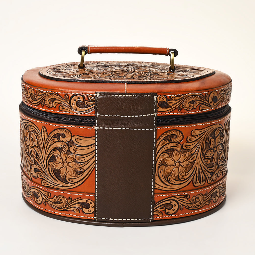 ADBGA412 Western Hand Tooled Leather Jewelry Case Oval Floral Organizer (Tan)