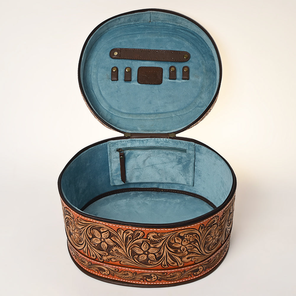 ADBGA412 Western Hand Tooled Leather Jewelry Case Oval Floral Organizer (Tan)