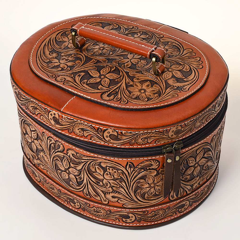 ADBGA412 Western Hand Tooled Leather Jewelry Case Oval Floral Organizer (Tan)