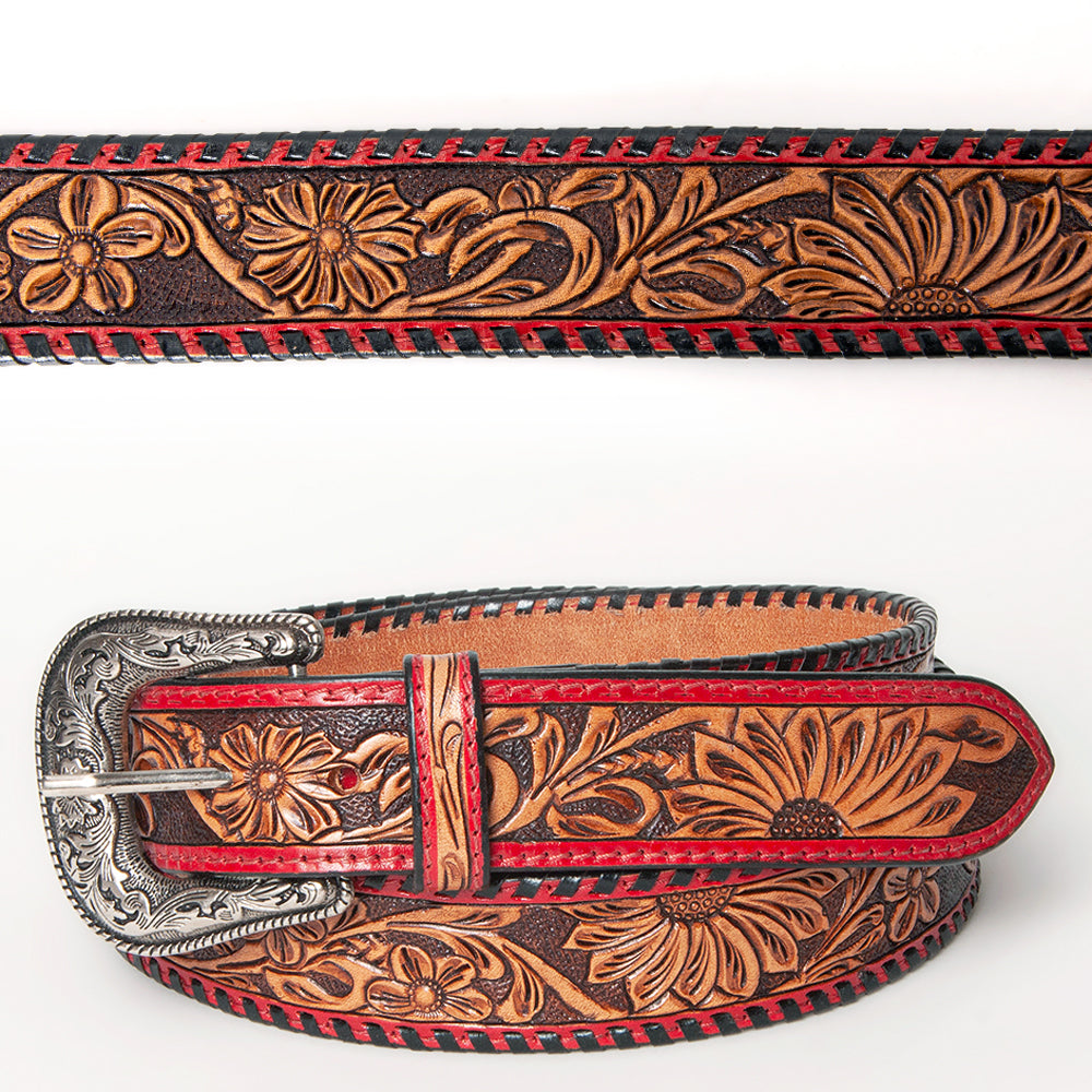 LC-ADBLF103 Hand-Tooled Western Leather Belt with Red Trim and Floral Engraving