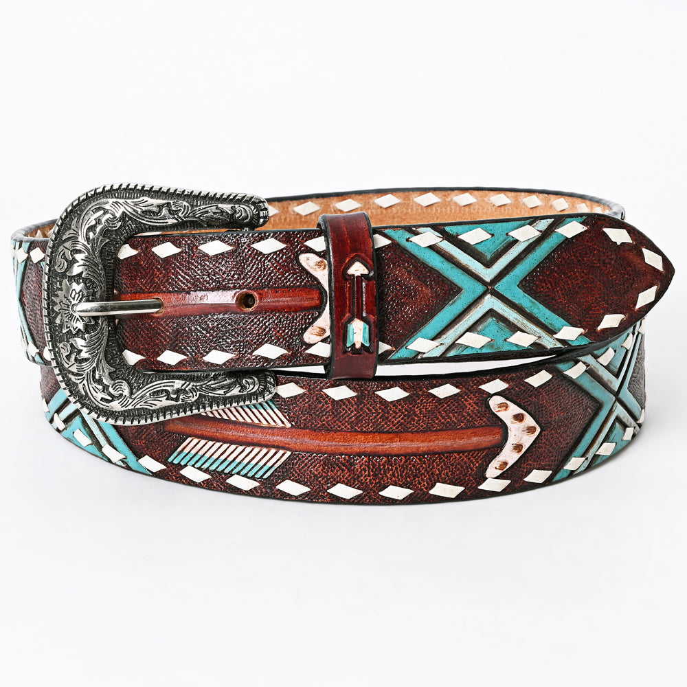 LC-ADBLF104 Hand-Tooled Arrow & Tribal Pattern Western Leather Belt with Engraved Buckle