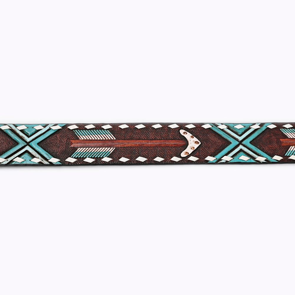 LC-ADBLF104 Hand-Tooled Arrow & Tribal Pattern Western Leather Belt with Engraved Buckle