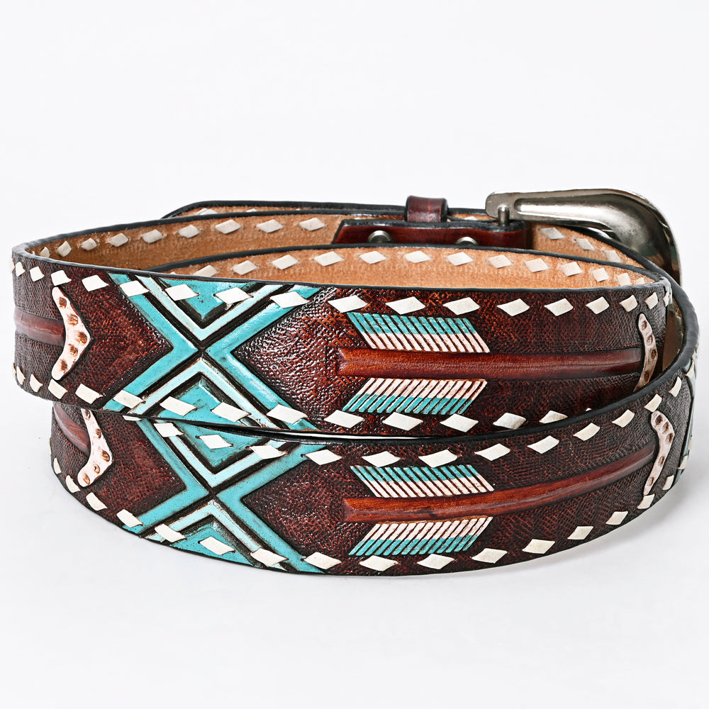 LC-ADBLF104 Hand-Tooled Arrow & Tribal Pattern Western Leather Belt with Engraved Buckle