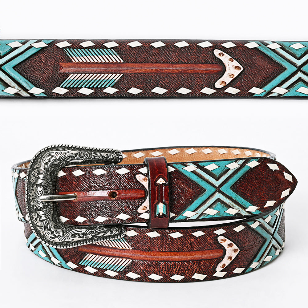 LC-ADBLF104 Hand-Tooled Arrow & Tribal Pattern Western Leather Belt with Engraved Buckle