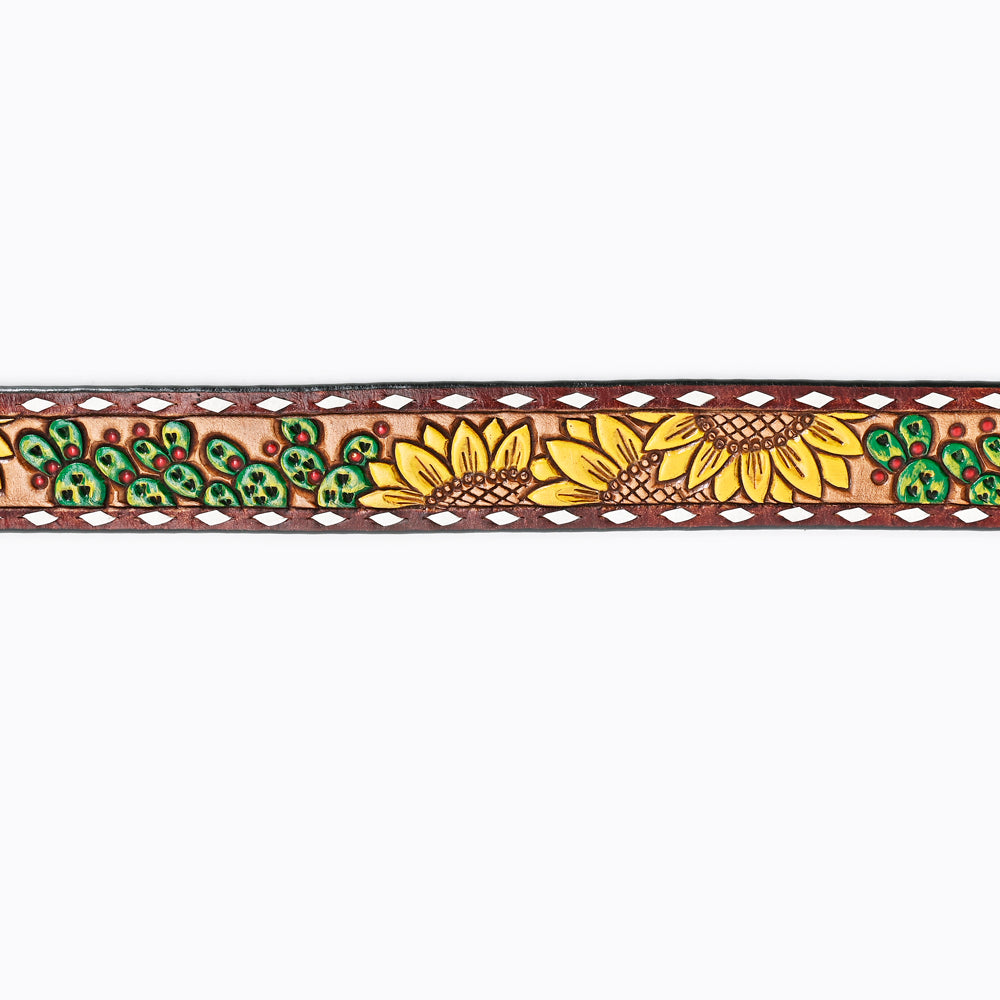 LC-ADBLF106 Hand-Painted Sunflower & Cactus Tooled Leather Western Belt with Engraved Buckle