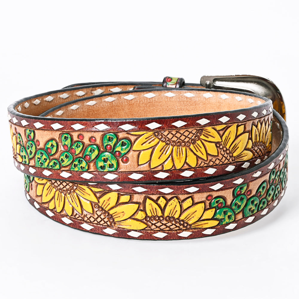 LC-ADBLF106 Hand-Painted Sunflower & Cactus Tooled Leather Western Belt with Engraved Buckle